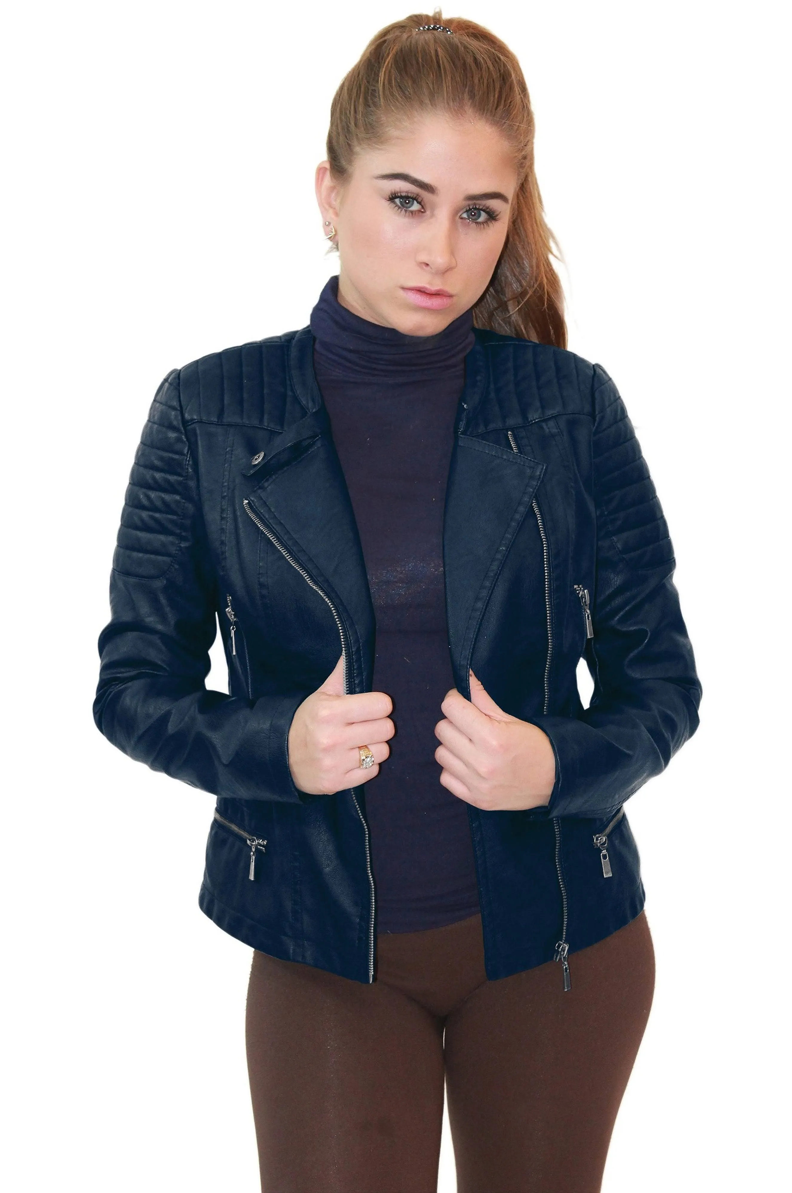 Olivia Miller Womens Faux Leather Zip Up Moto Biker Jacket