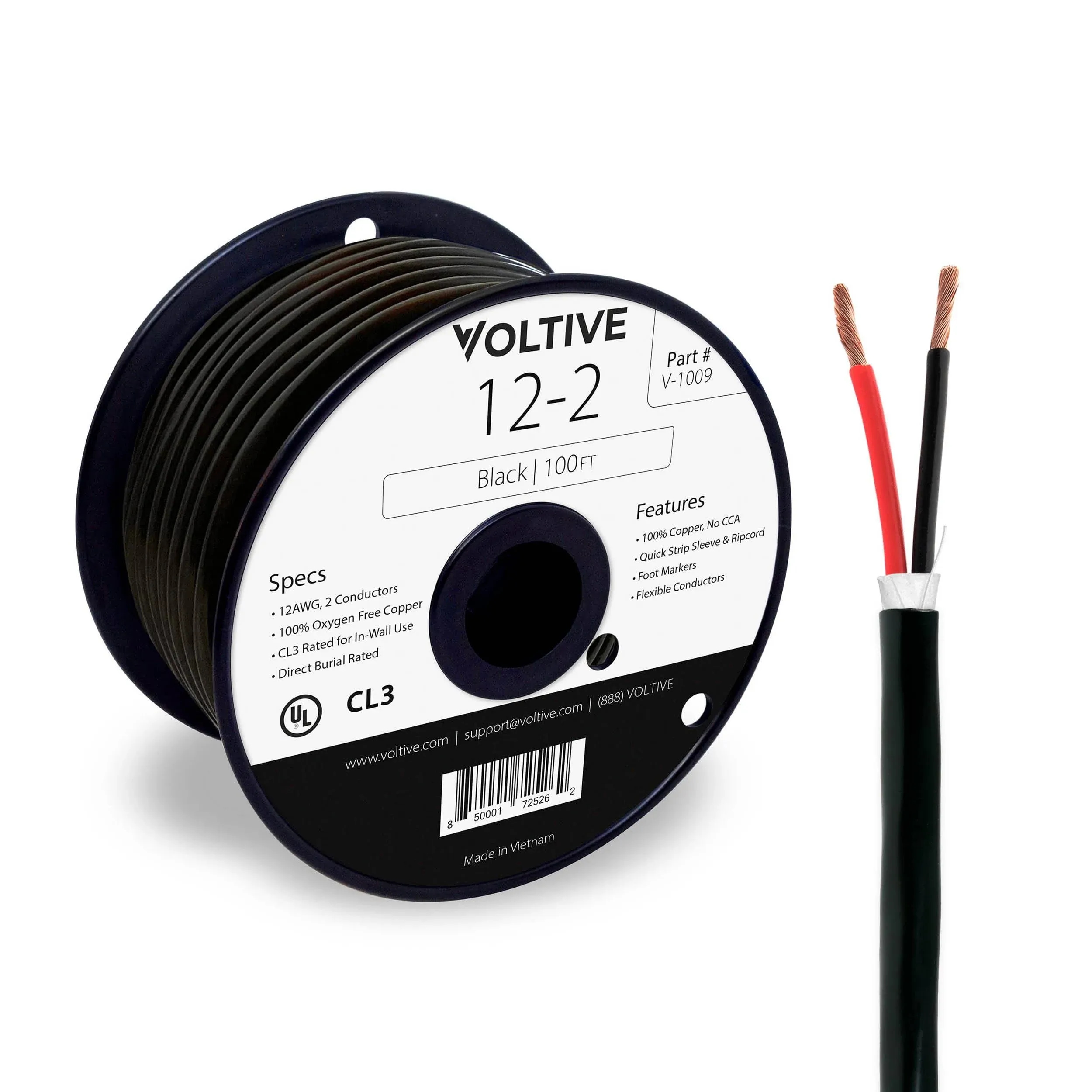 Voltive 12/2 Speaker Wire - 12 AWG/Gauge 2 Conductor - UL Listed in Wall (CL2/CL3) and Outdoor/In Ground (Direct Burial) Rated - Oxygen-Free Copper (OFC) - 100 Foot Spool - Black