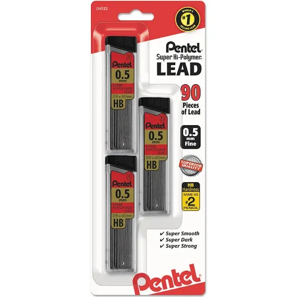 Pentel C25BPHB3K6 Super Hi-Polymer Lead Refills, 0.5mm, HB, Black, 30/Tube, 3 Tubes/Pack