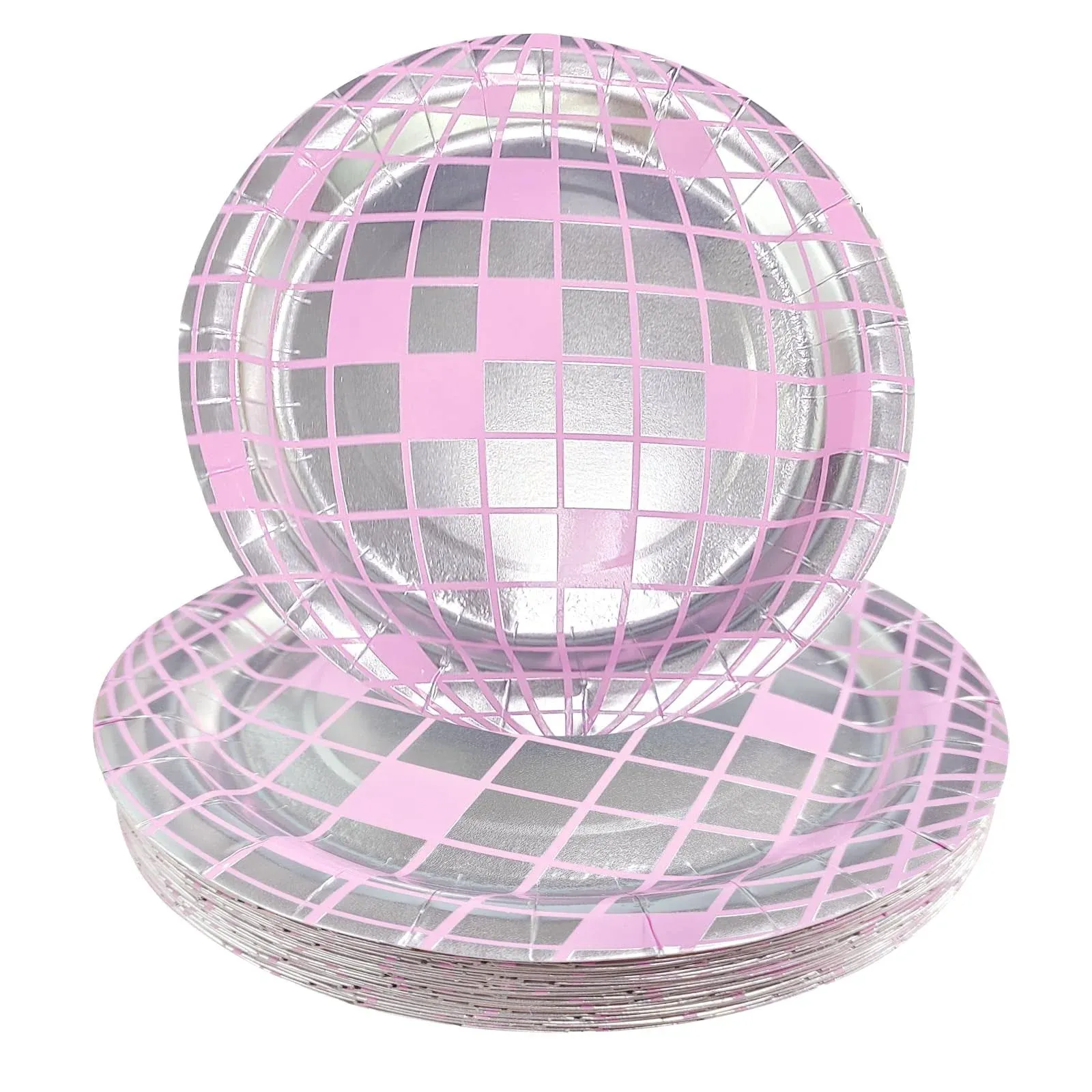 Disco Plates 25P Disco Ball Plates 7&#034; Pink Disco Ball Paper Plates for 70&#039;s D...