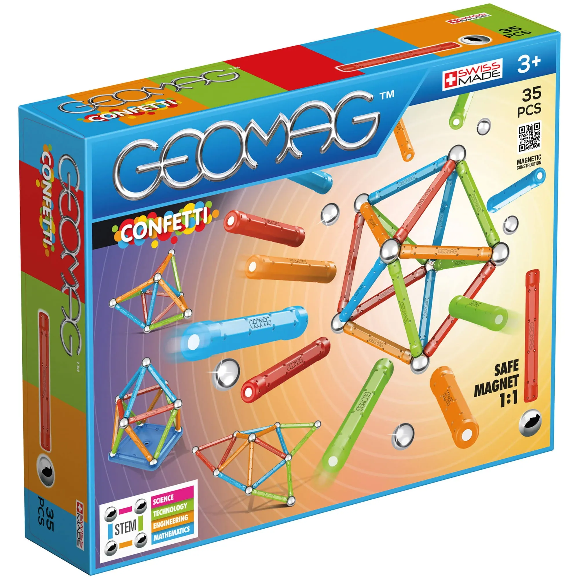 Geomag Magnetic Sticks and Balls Building Set, Magnet Toys for STEM, Creative, Educational Construction Play, Swiss-Made Innovation, Classic 35 Piece Age 3+, Light Blue, Orange, Green, red, 351