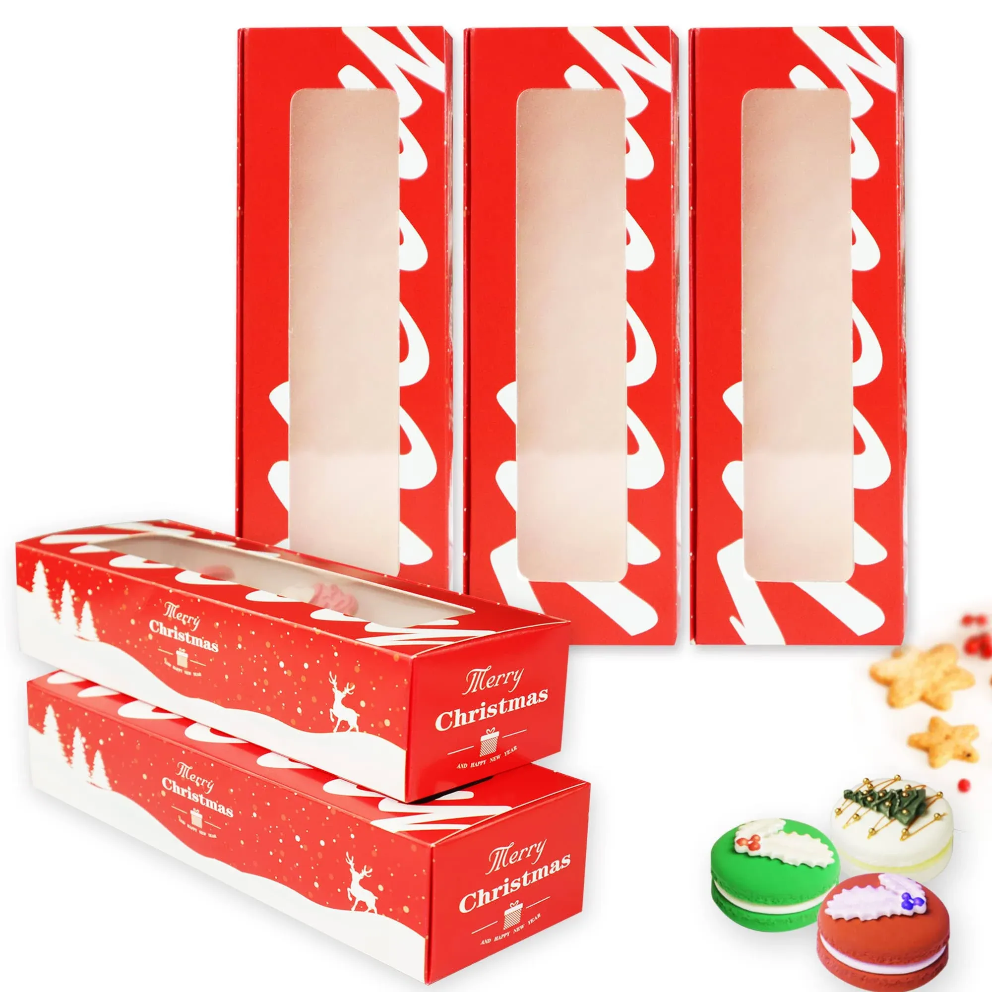 30pack Christmas Cookies Boxes with Window Red Xmas Macaron Packaging Boxes Macaron Container Bakery Boxes Strawberry Chocolate Covered Treat Boxes