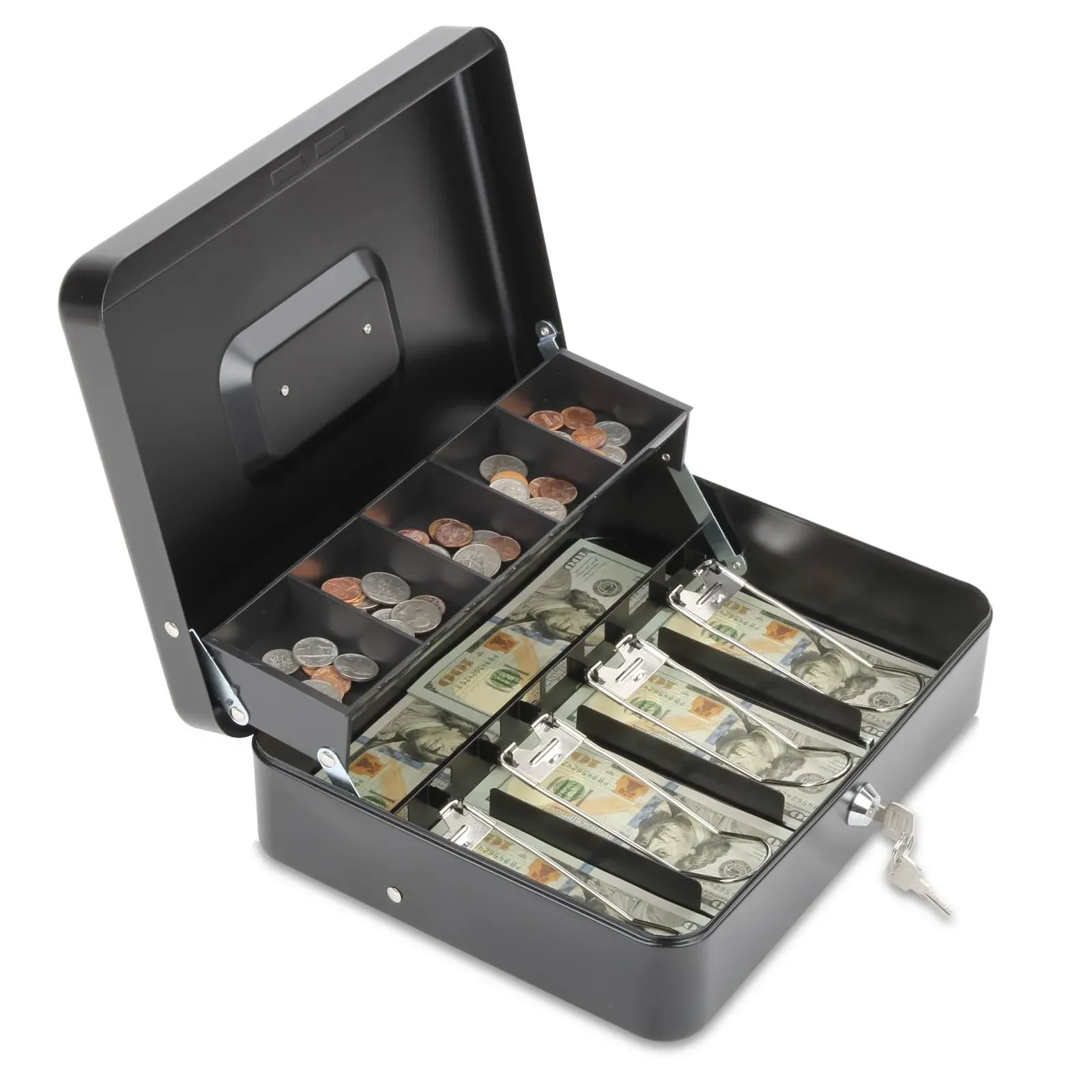 Cash Box with Lock and 2 Keys, Large Cash Boxes, Metal Money Box with Cash Tray, Lock Safe Box, Portable Cash Lock Box,4 Bill/5 Coin Slots, 11.8L x 9.5W x 3.5H Inches (Key-Black)