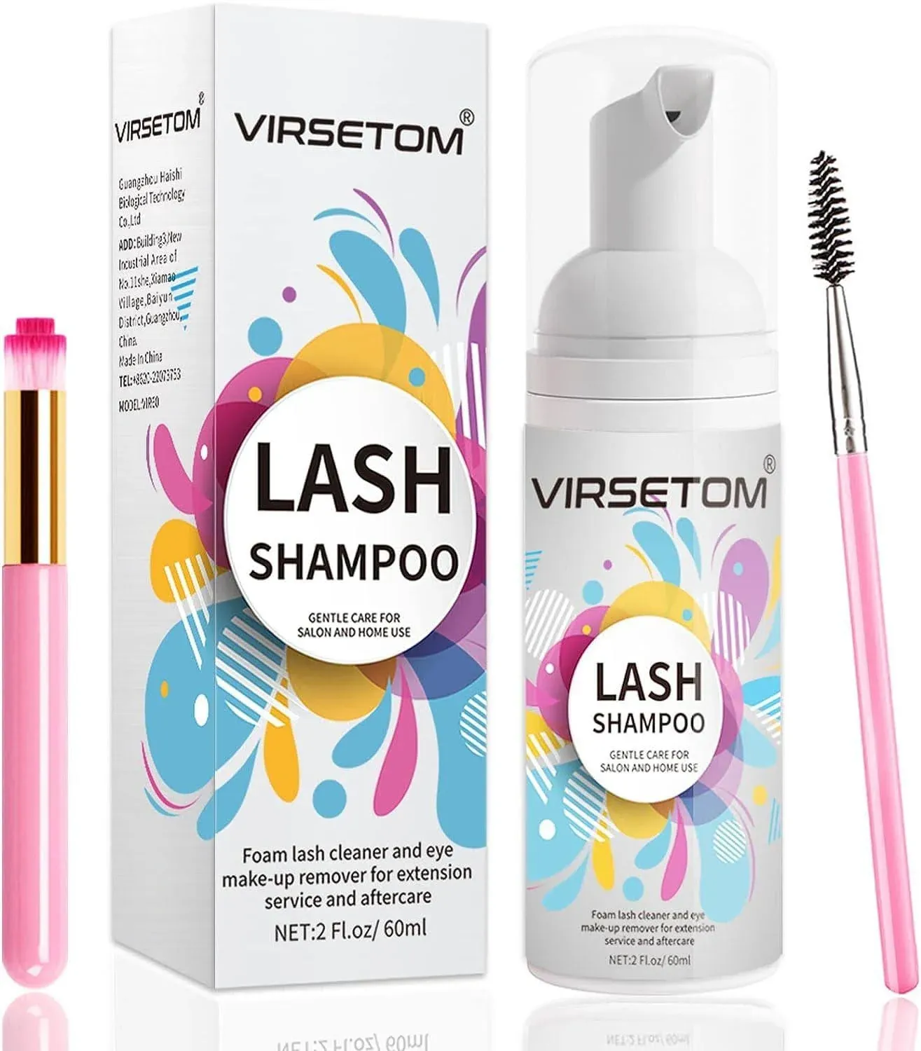 Eyelash Extension Cleanser, VIRSETOM Eyelash Extension Shampoo Eyelash Extension Foam & Brushes Eyelid Cleanser for Makeup Remover Paraben & Sulfate & Oil Free for Salon and Home Use(60ml, 2 fl oz)