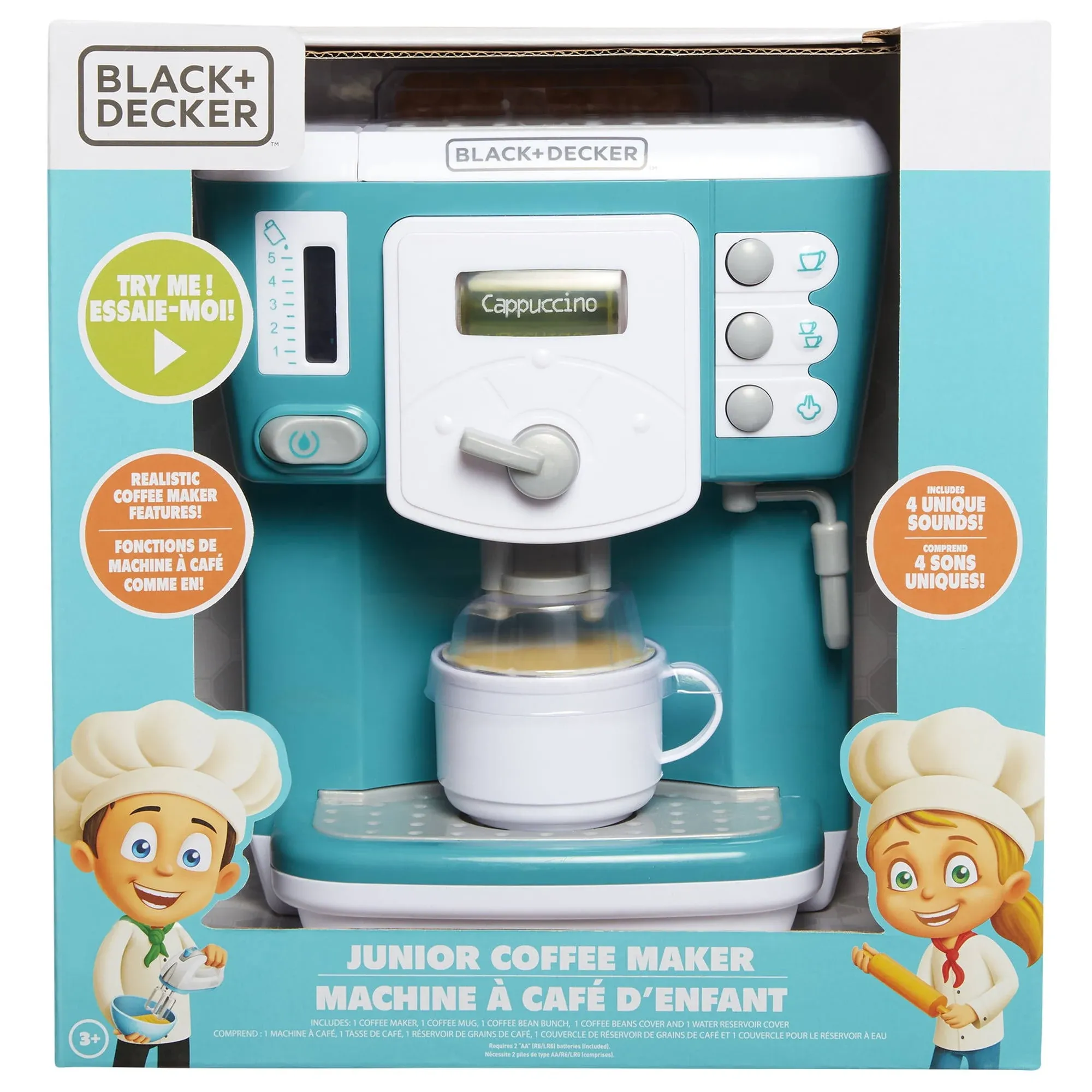 BLACK+DECKER Junior Coffee Maker Role Play Pretend Kitchen Appliance for Kids with Realistic Action, Light and Sound - Plus Toy Coffee Mug for Imaginary Brewing Fun