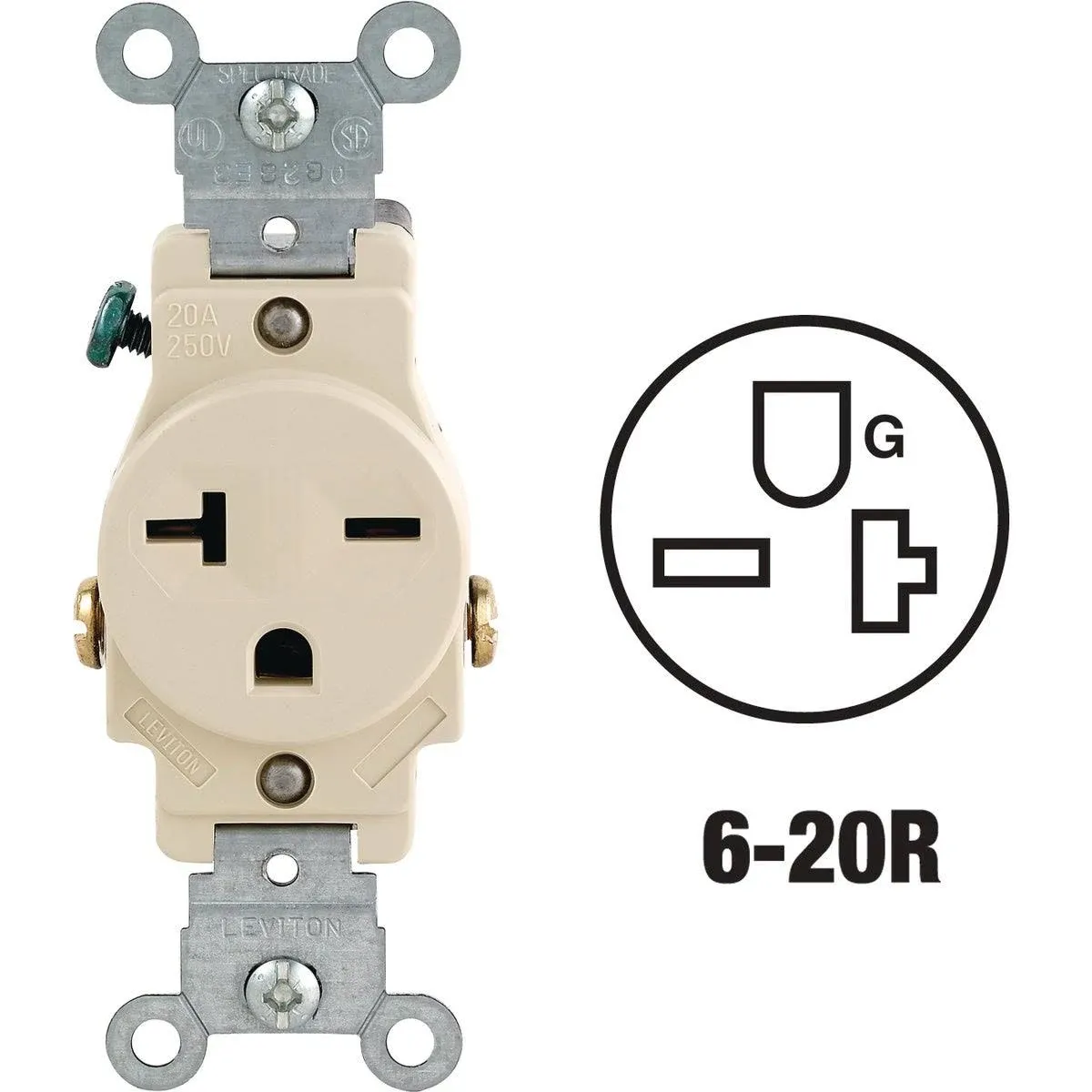 Leviton 106-5821-ISP S01-05821-0Is Single Receptacle, 125 Vac, 20 A, 2 Pole, 3 Wire, No Size, Brown