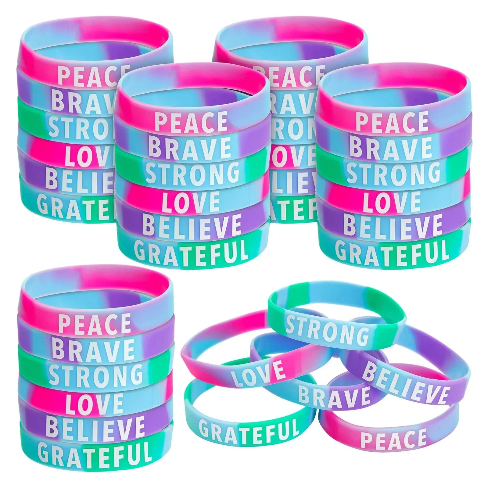 Juvale 36 Pack Inspirational Rubber Bracelets, Motivational Silicone Wristbands, Tie Dye Party Favors for Kids and Adults