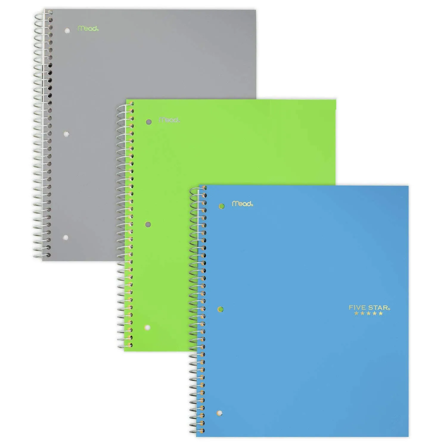 Five Star Spiral Notebooks, 1 Subject, Wide Ruled Paper, 100 Sheets, 10-1/2" x 8", Teal, Lime, Gray, 3 Pack (73057)