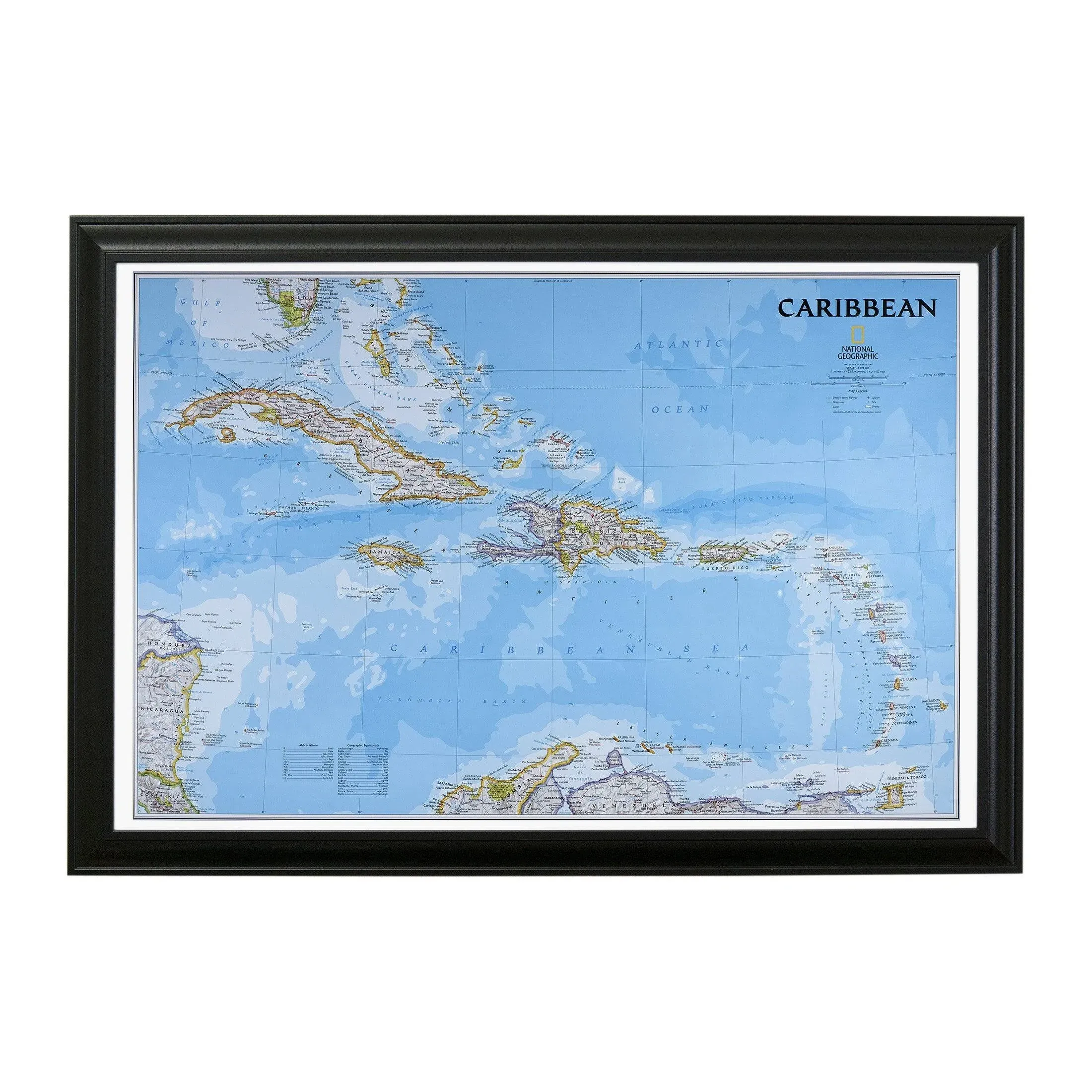 Classic Caribbean Push Pin Travel Map with Black Frame and Pins - 27.5 inches x 39.5 inches