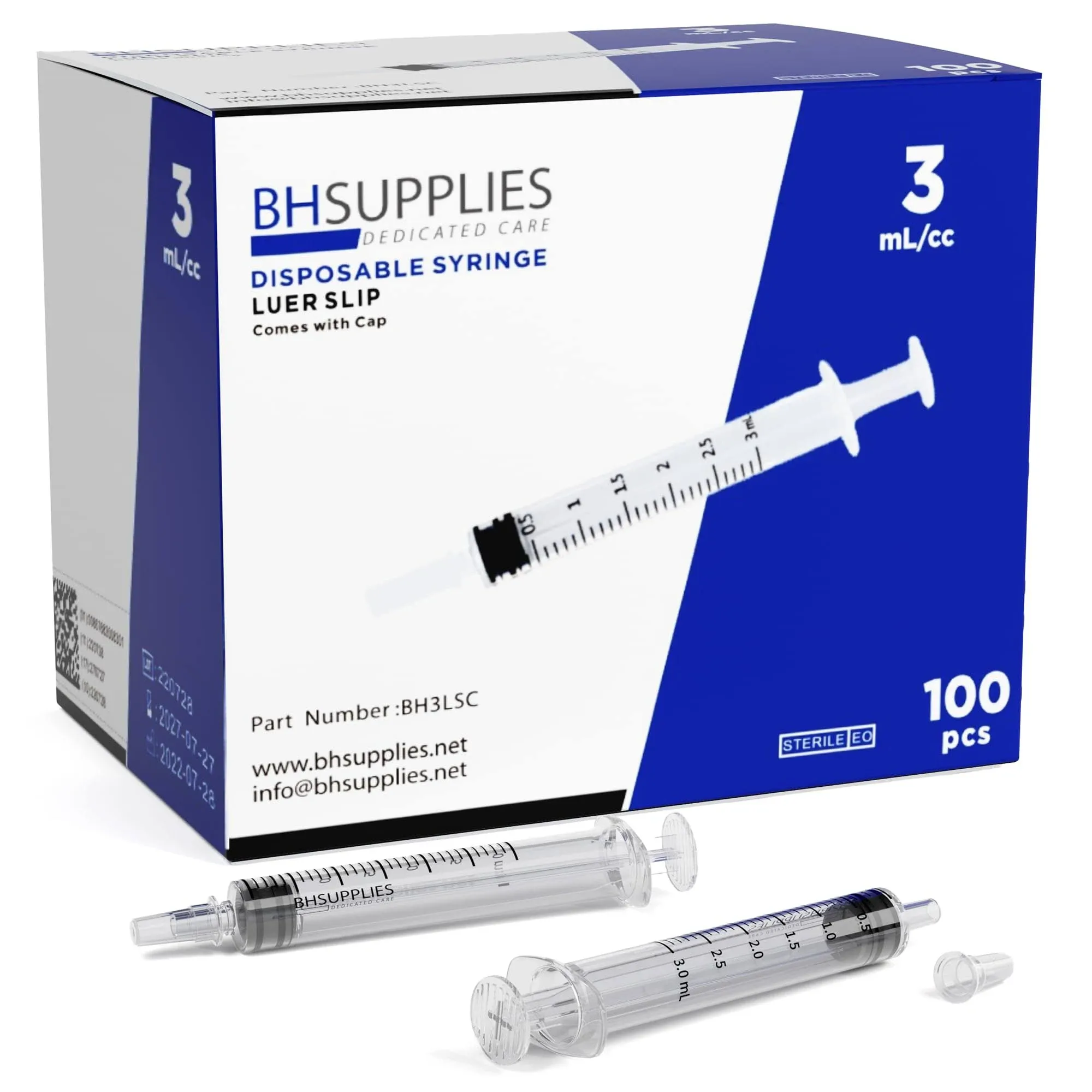 3ml Sterile Luer Slip Tip Syringe - with Covers -100 Syringes by BH Supplies (No Needle) Individually Sealed