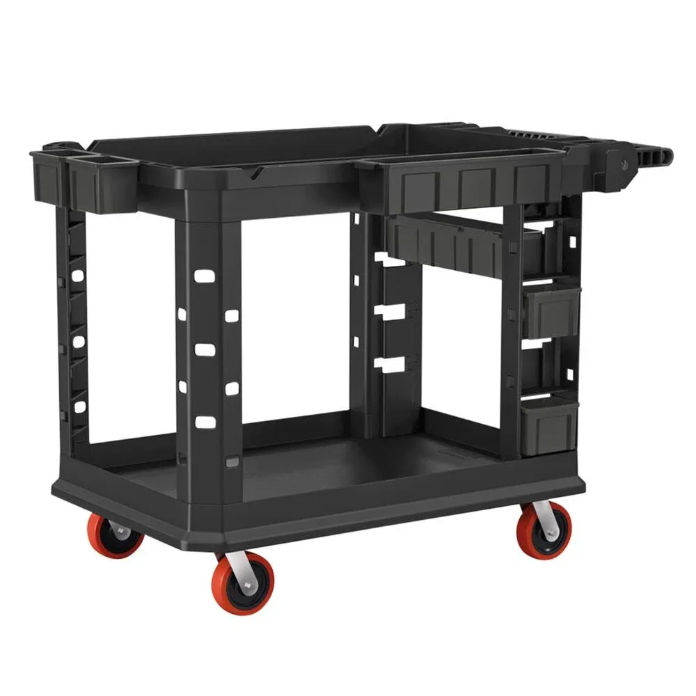 Suncast PUCHD2645 Black Large Two-Shelf Heavy-Duty Plus Utility Cart with Storage Bins (4 Small, 2 Large) - 48 3/4&quot; x 26 1/2&quot; x 34 13/16&quot;