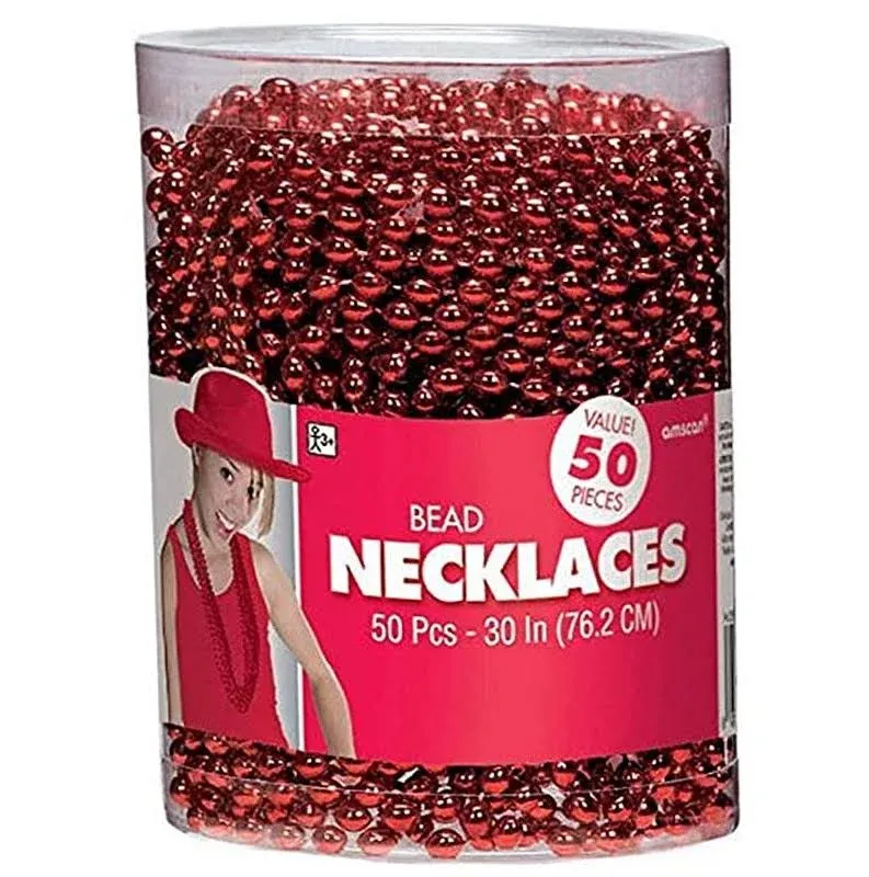 Amscan Metallic Oval Bead Party Necklaces, 50 Ct, 30", Red