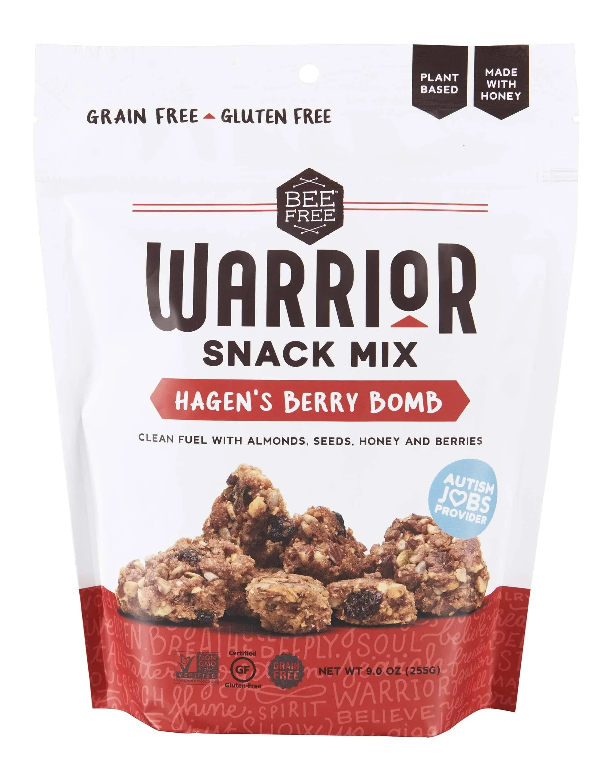 BeeFree Warrior Mix Gluten Free Granola - Soft Chunky Granola Bites | Paleo Granola, Low Carb, Grain Free, Preservative Free, Oat Free | Granola for Yogurt, Low Calorie Snacks | Hagen’s Berry Bomb, one 9 Ounce Bag