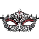 Seglorwy Womens Masquerade Mask Metal Rhinestone Venetian Halloween Christmas Party Evening Prom Mask (Black+Red)