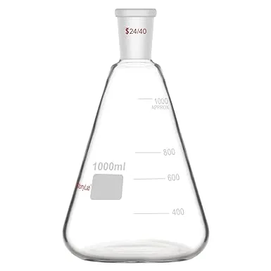 StonyLab Glass 24/40 Erlenmeyer Flask, Borosilicate Glass Heavy Wall Flask with 24/40 Standard Taper Outer Joint - 1L