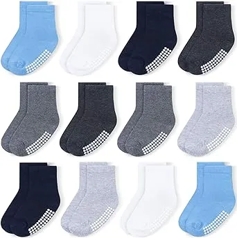 JAKIDAR 12 Pack Baby Socks Cotton Crew Toddler Socks Grips Non Slip Bottom Kids Socks