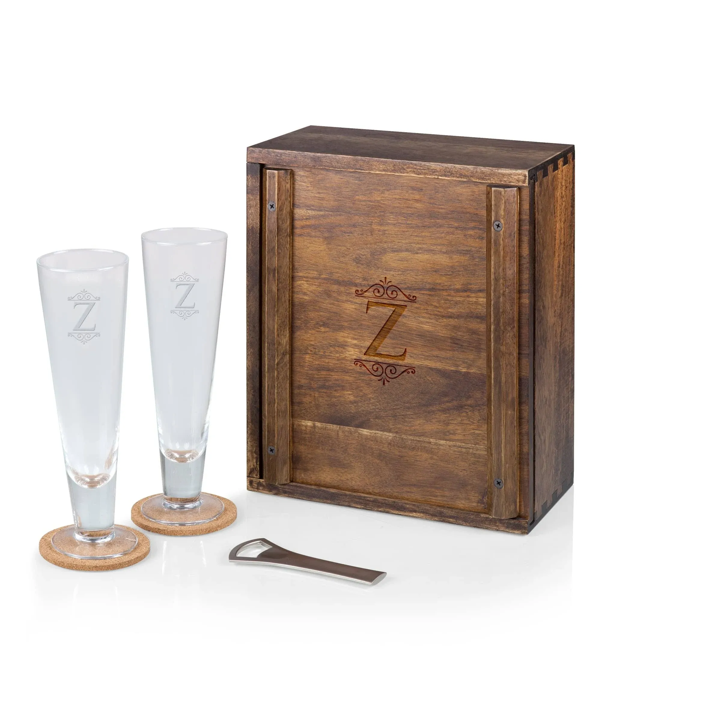 PICNIC TIME LEGACY Monogram Initials Z Pilsner Craft Beer Set with 2 Beer Glasses, Personalized Gift For Beer Lovers, (Acacia Wood)