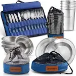 Wealers Unique Complete Messware Kit Polished Stainless Steel Dishes Set| Tableware| Dinnerware| Camping| Buffet| Includes - Cups | Plates| Bowls| Cutlery| Comes in Mesh Bags (4 Person Set)