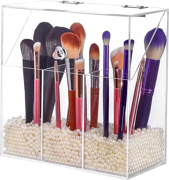 Acrylic Makeup Brush Holder with Lid - Clear Cosmetic Make up Brush Organizer and Storage Box with Dustproof Cover for Vanity - Large Capacity 3-Slots Container for Brushes (White)