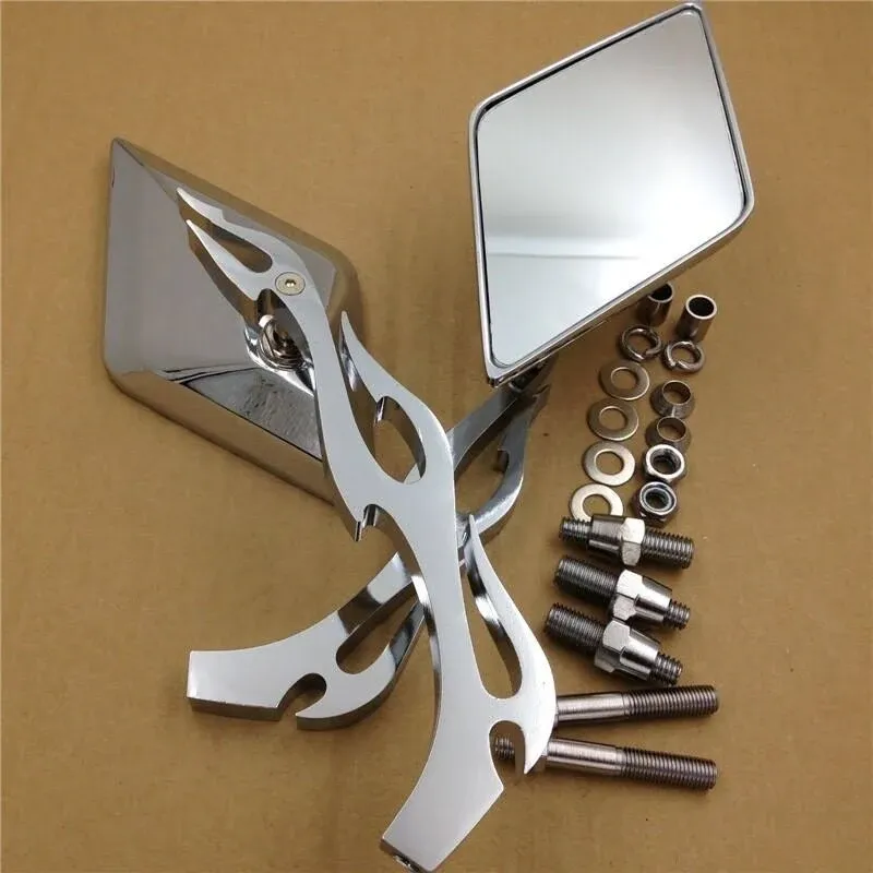 Motorcycle Diamond Flame Stem Mirrors For Harley Davidson Or Metric Bike Chromed