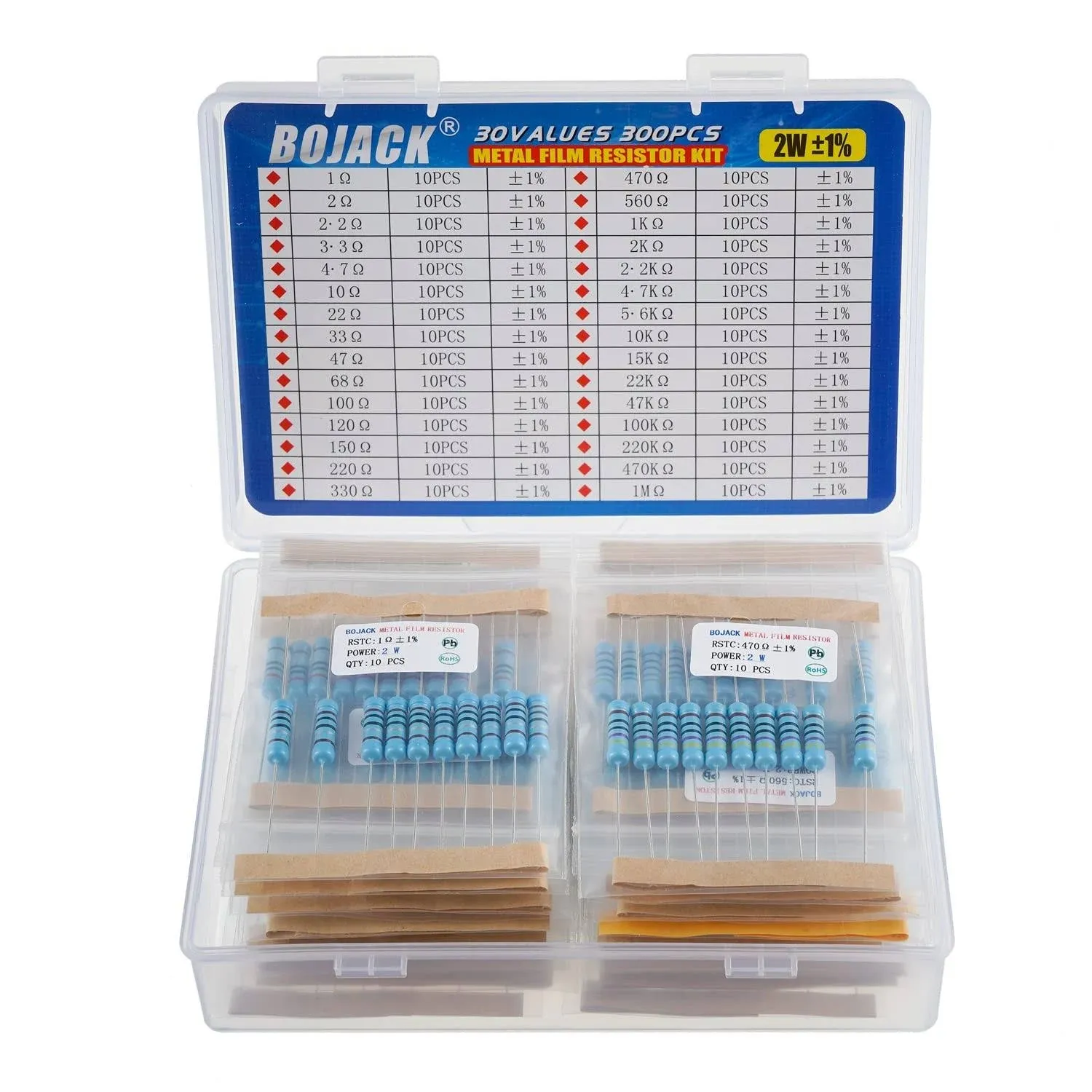 BOJACK 300 Pcs 30 Values Resistor Kit 1 Ohm - 1M Ohm with 1% 2W Metal Film Resistors Assortment