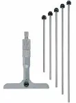 0-6" .001 In Mechanical Depth Micrometer, 6 interchangeable rods (1 In/25.4mm increments), Rod Clamp, 2.5 In Base, Ratchet Stop