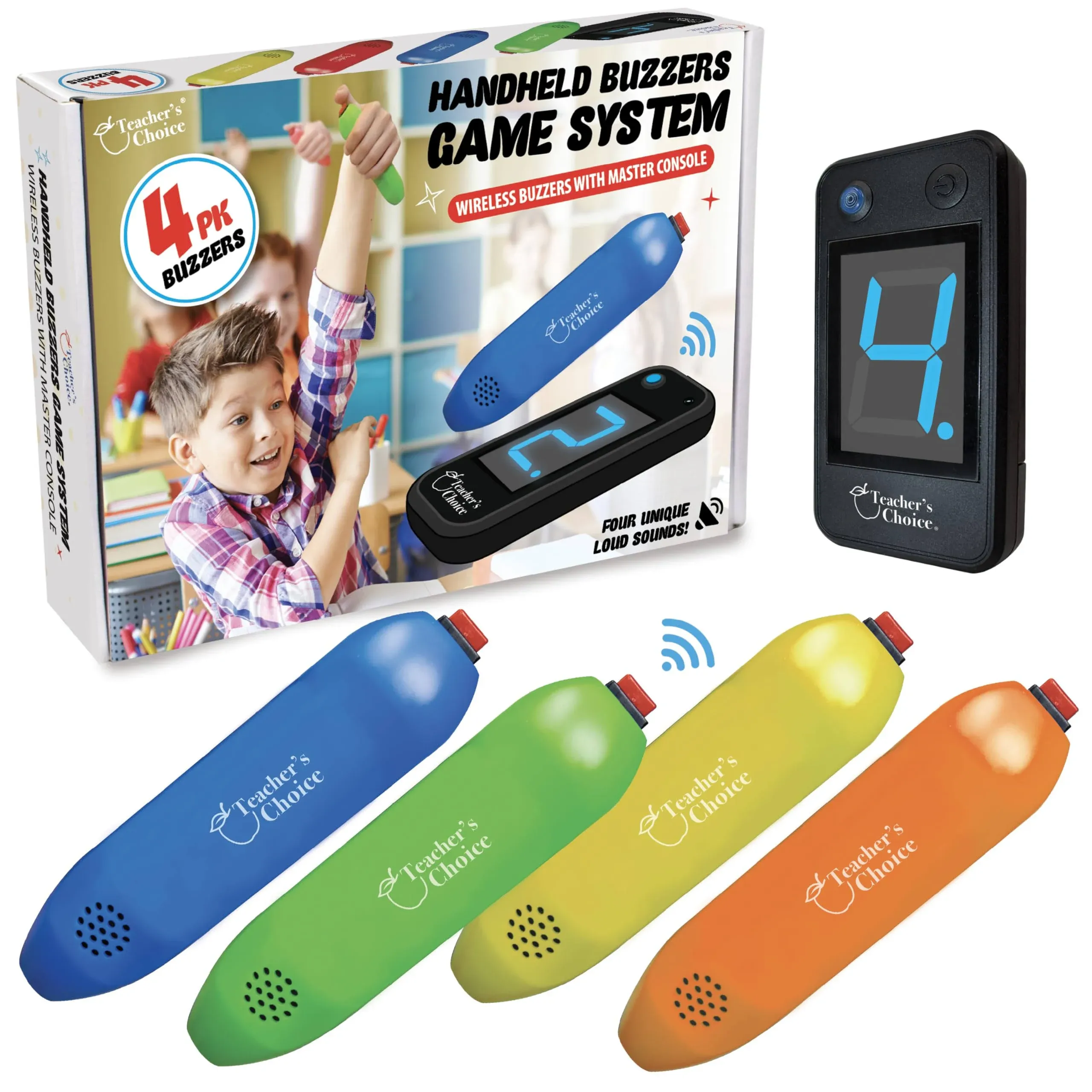 Teacher's Choice 4 Player Wireless Handheld Game Buzzer System - Displays First Buzz-in - Great for Jeopardy, Family Feud, Trivia and Buzzer Games - Console with 4 Joystick Buzzers, 4 Unique Sounds