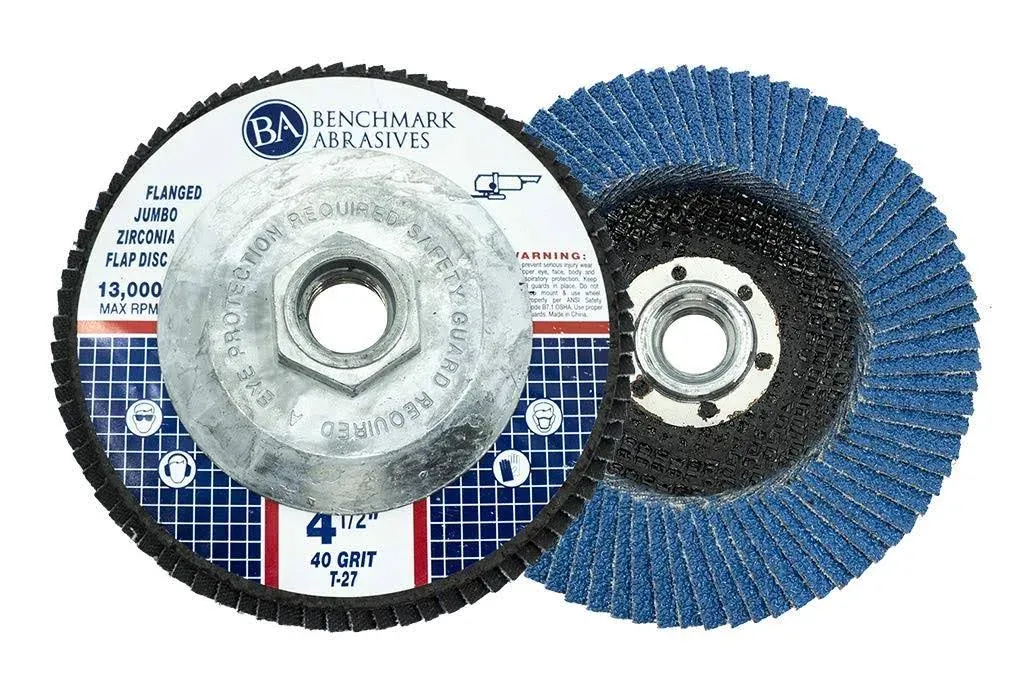 Benchmark Abrasives 4.5" x 5/8"-11 Premium High Density Jumbo Zirconia Type 27 Flap Discs 4 1/2 for Angle Grinder, Sanding Discs, Finishing - Grinding Wheels 4 1/2 Inch - (10 Pack) 40 Grit