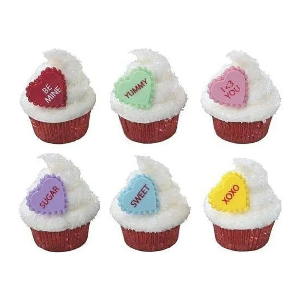 12 Plastic Conversation Heart Valentines Day Cupcake Rings Cake Toppers