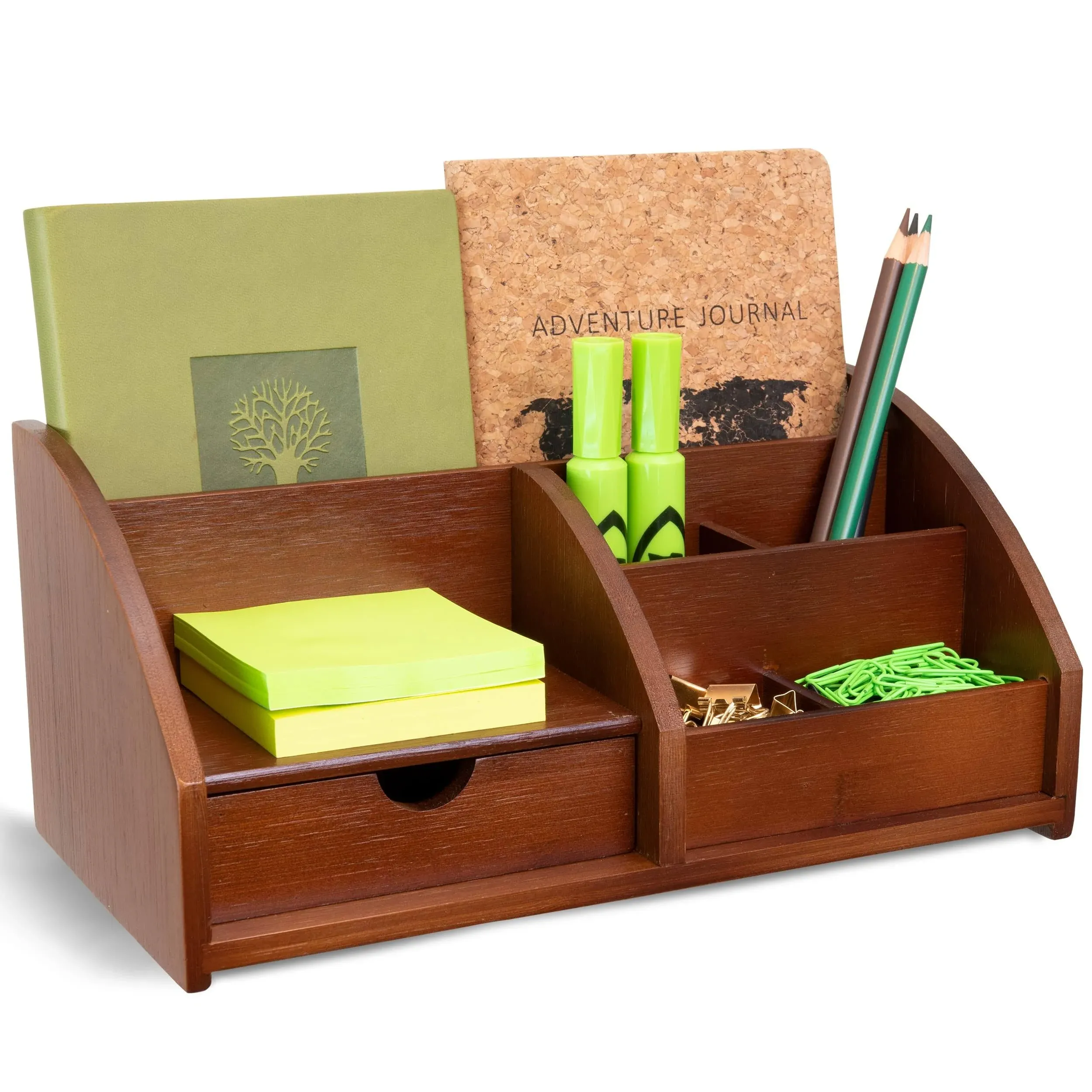 Missionmax Brown Medium Bamboo Caddy Desk Organizer and Storage with Drawer and ...