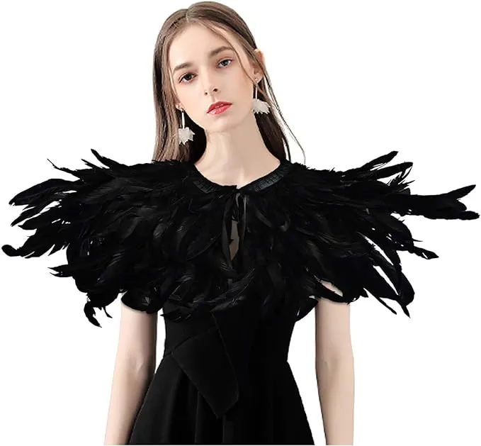 HOMELEX Gothic Black Natural Feather Cape Shawl with Choker Collar Style-2