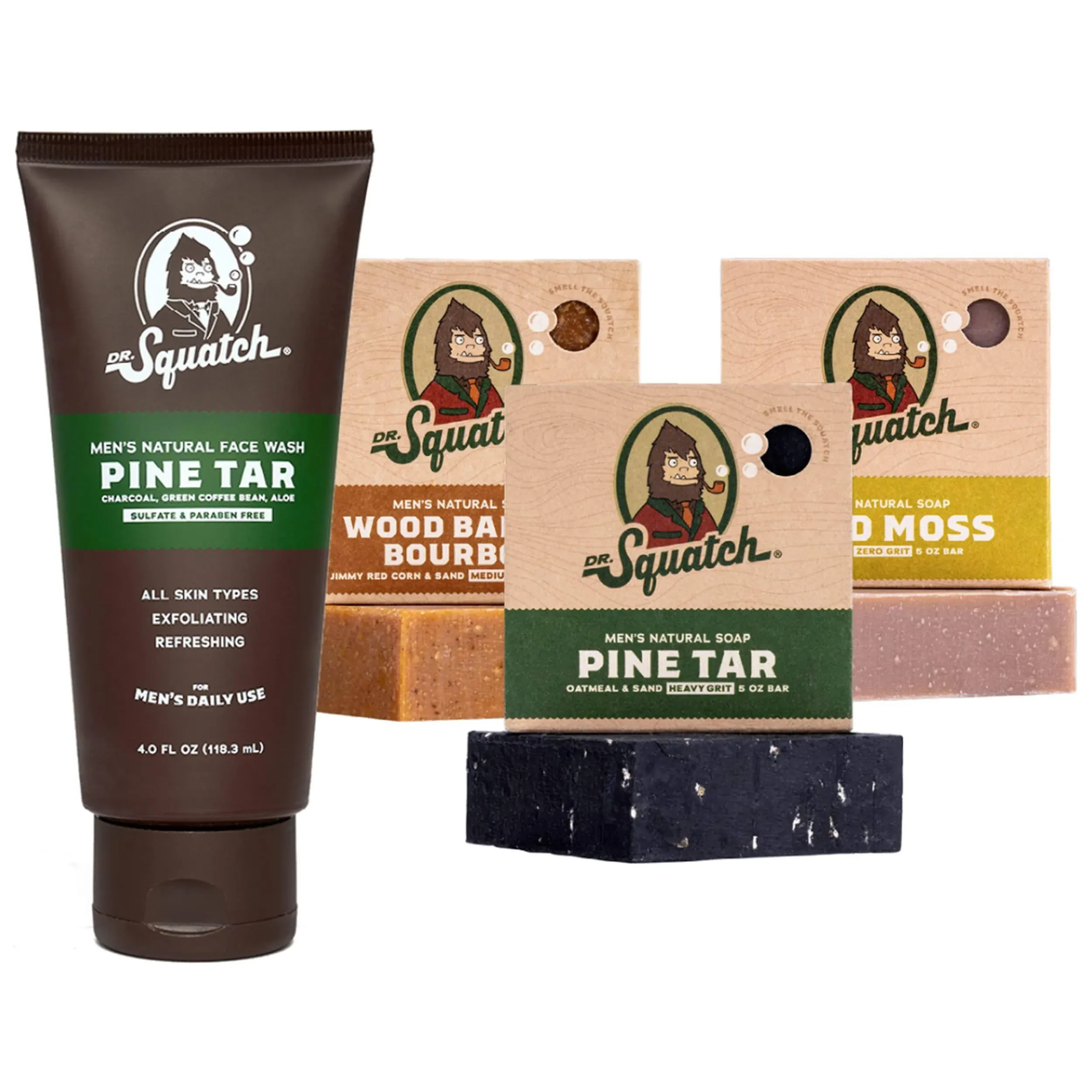 Dr. Squatch Men's Face Wash and Bar Soap Bundle - Exfoliating Face Wash made with Natural Ingredients - Pine Tar Face Wash and Pine Tar Bar Soap, Wood Barrel Bourbon, and Gold Moss