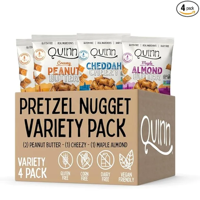 Quinn Gluten Free Pretzel Nuggets Variety Pack - Made with Real Ingredients, Whole Grain Sorghum, Sea Salt, Vegan, Dairy Free, Non-GMO - (2) Peanut Butter, (1) Maple, (1) Cheddah Cheezy (Pack of 4)