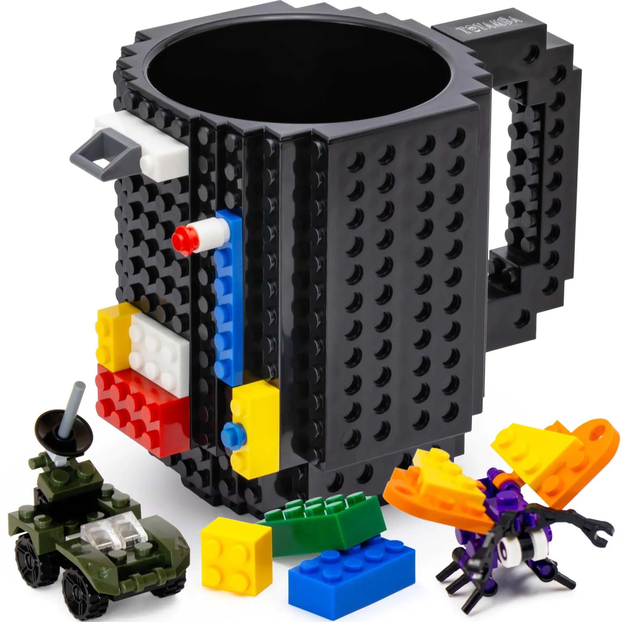 Build on Brick BPA-Free Creative Cups for Kids - Building Block Mug DIY Idea with Building Bricks, 16OZ (Black)