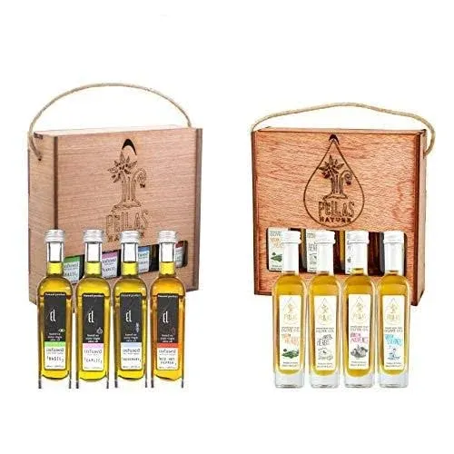 Pellas Nature, Infused Extra Virgin Olive Oil, Finishing oil with flavors Basil, Garlic, Red Pepper, Rosemary, & Greek Islands, Greek Herbs, Tuscan Herbs, Herbs de Provence, Two Wooden Gift Sets, 8X50ml (1.7 oz) Bottles