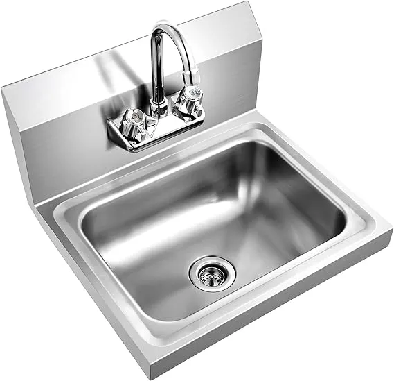 Giantex Stainless Steel Hand Washing Sink, Commercial Sink with Faucet, Strainer, Back Splash, Commercial Wall Mount Hand Basin for Restraunt, Bar, Store, 17" x 15"