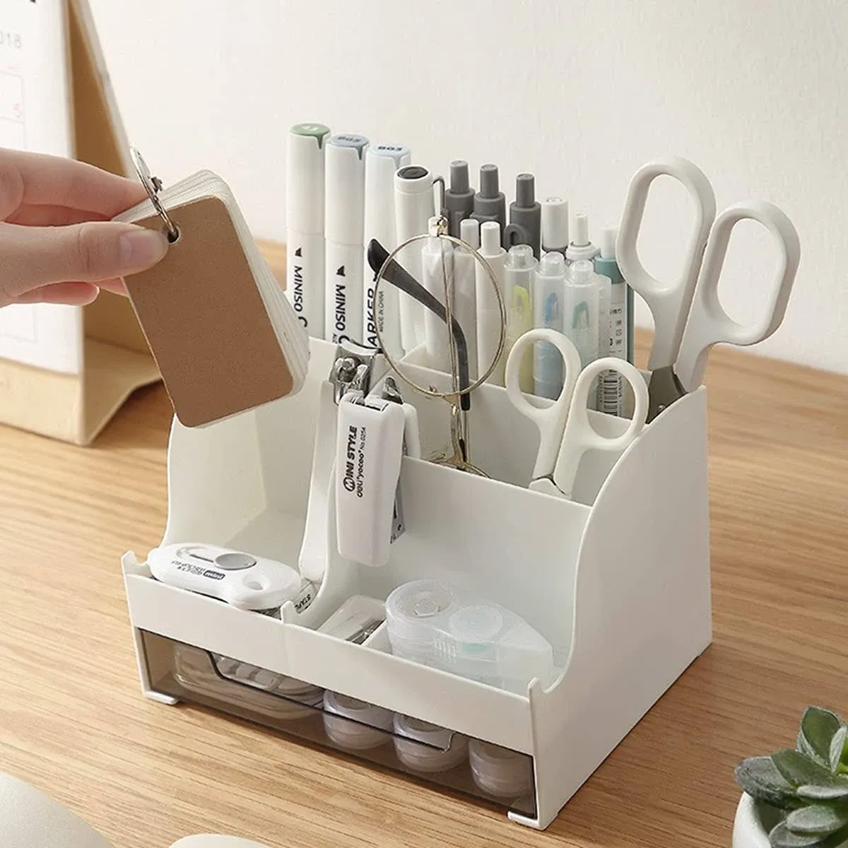 Pen Holder Pencil Cup Holder All in One Desktop Organizer with Drawer, Organizer Pencil Holder for Desk Office and School White