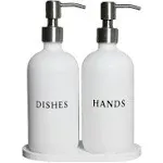 RM Home White Glass Hand and Dish Soap Dispenser Set Modern Farmhouse Sink Accessories Liquid Soap Dispenser 16 oz