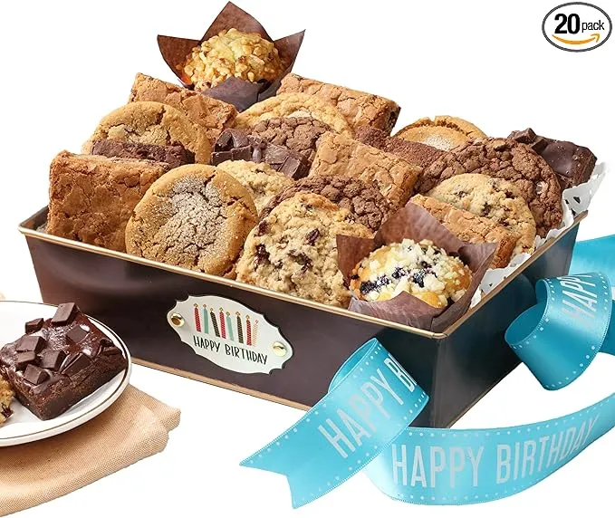 Happy Birthday Gift Basket Filled with Indiviually Wrapped Fresh Brownies and Cookies Assorted Toppings and Flavors Perfect for Her Him Friends Associates