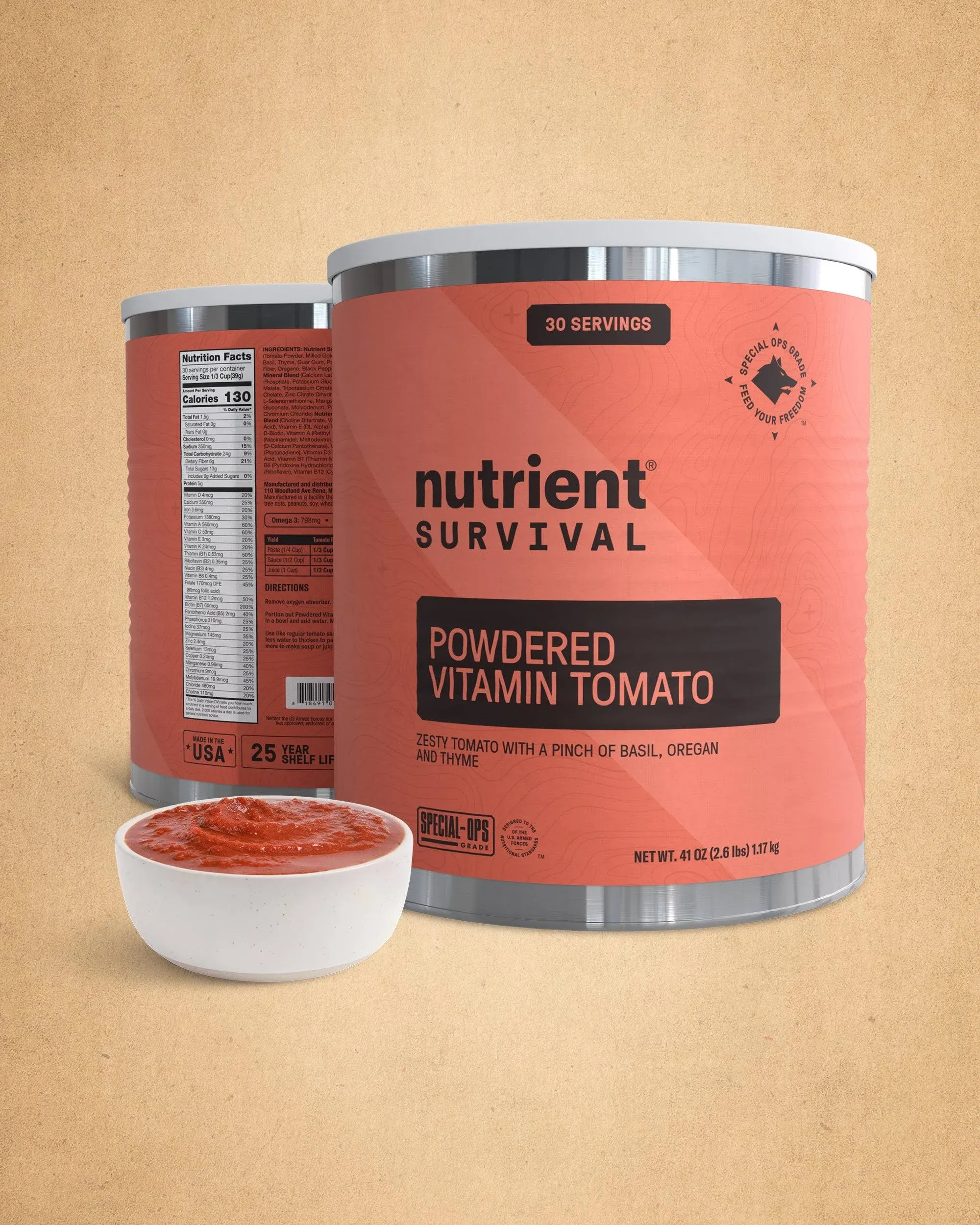 Nutrient Survival Tomato Powder, Powdered Vitamin Tomato (30 Servings) Emergency Food Supply & Camping Supplies for Soups, Sauces, Meatloaf, 40 Nutrients, Shelf Stable up to 25 Years, One Can