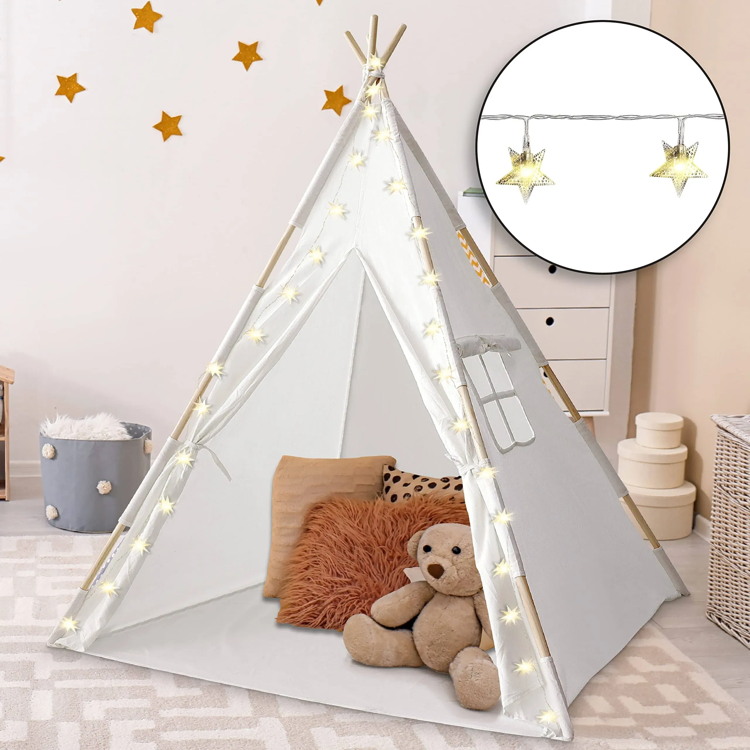 Orian Toys Teepee Tent for Kids: Child’s Indoor Outdoor Canvas Fairytale Tipi Playroom, LED Star Lights, Easy Assembly, 59 by 45 Inches, Ages 3+