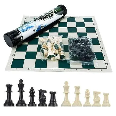 Tournament Chess Set: Portable and Professional Set with Travel Portable Plastic Tube Roll. Plastic Staunton Chess Pieces, Foldable Vinyl Chess Board.(Green, 13X13IN)