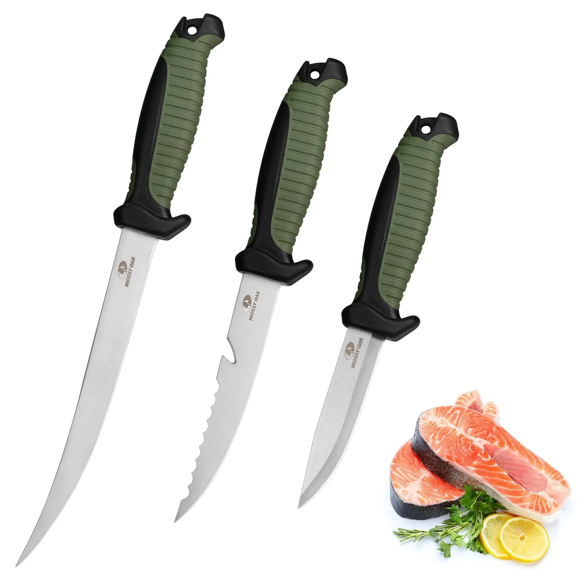 Mossy Oak 3-Piece Fishing Fillet Knife Set with Protective Sheath, Stainless Ste