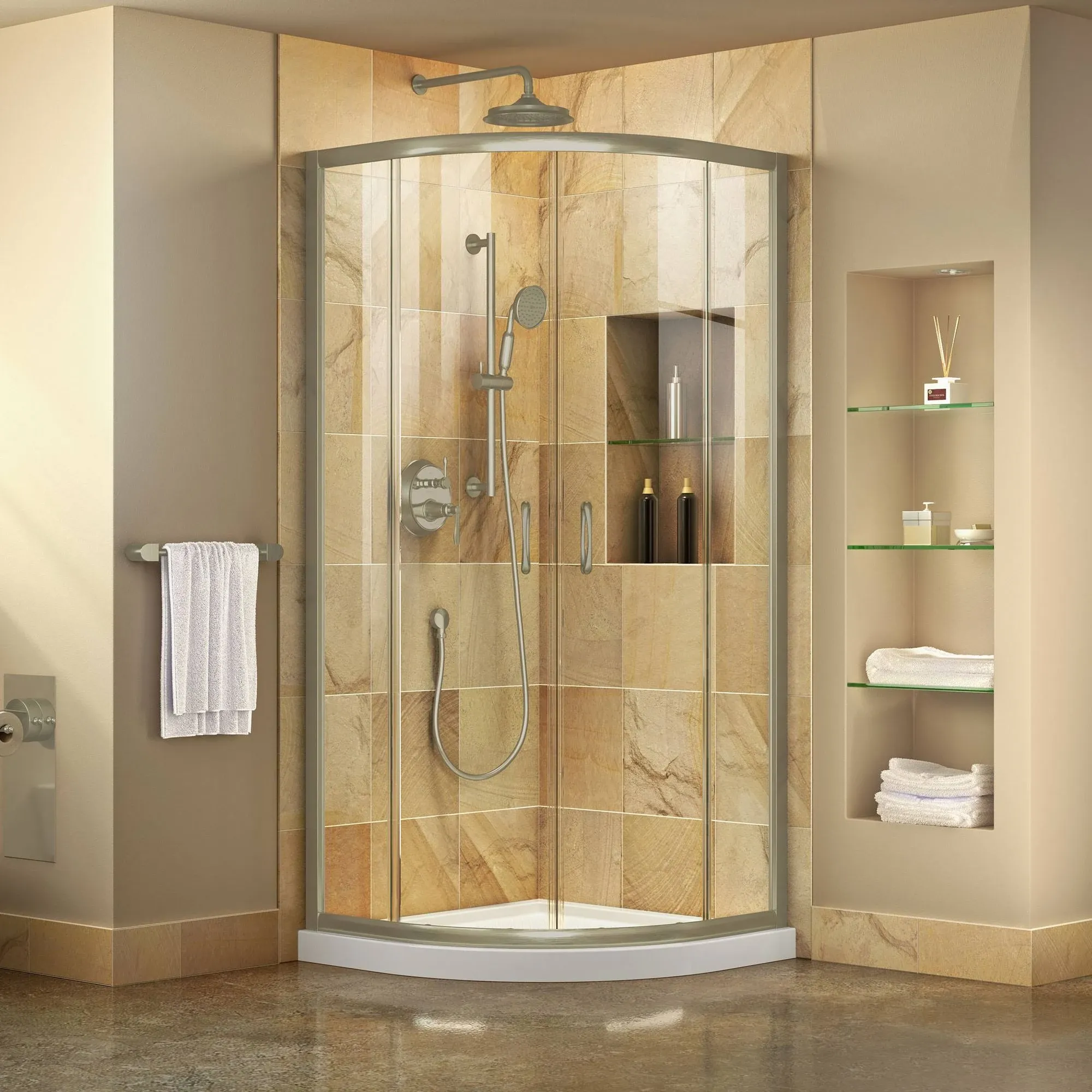 DreamLine Prime 2-Piece 36-in W x 36-in L x 75-in H Round Corner Shower Kit (Corner Drain) with Base and Door Included Chrome Hardware Included