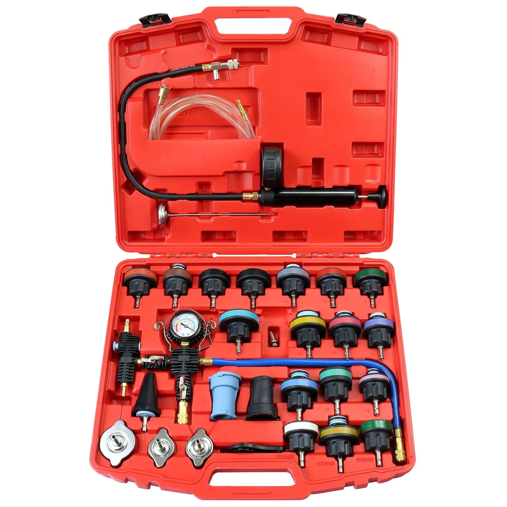 28PCS Auto Cooling System Pressure Tester and Coolant Refill Tool Kit, Automotive Radiator Leak Test Hand Pump & Pneumatic Vacuum Type Filling Filler Tool Set for Car Truck Airlift, Red Case