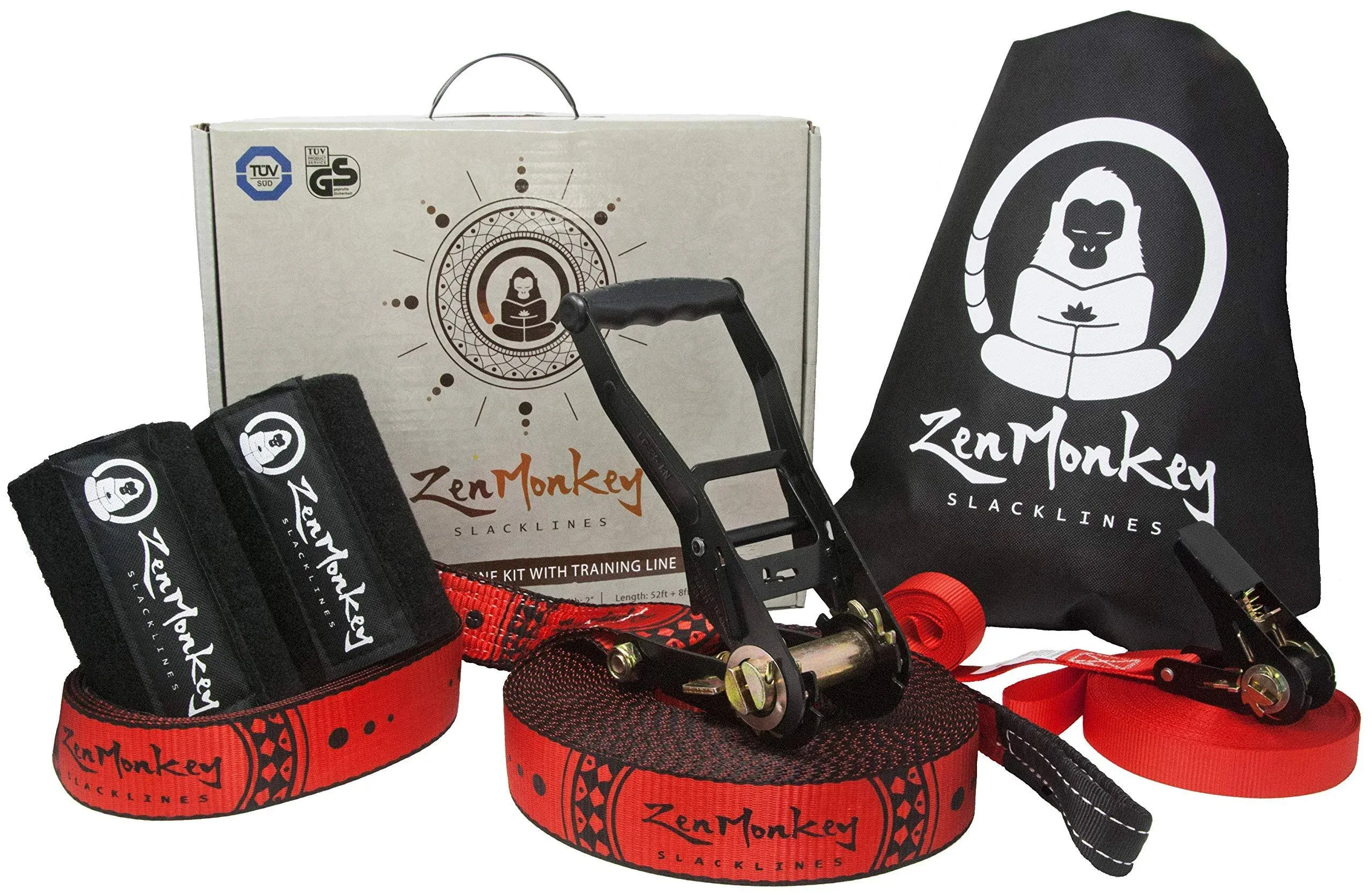 ZenMonkey Slackline Kit with Overhead Training Line, Arm Trainer, Tree Protectors, Cloth Carry Bag and Instructions, 60 Foot - Easy Setup for The Family, Kids and Adults